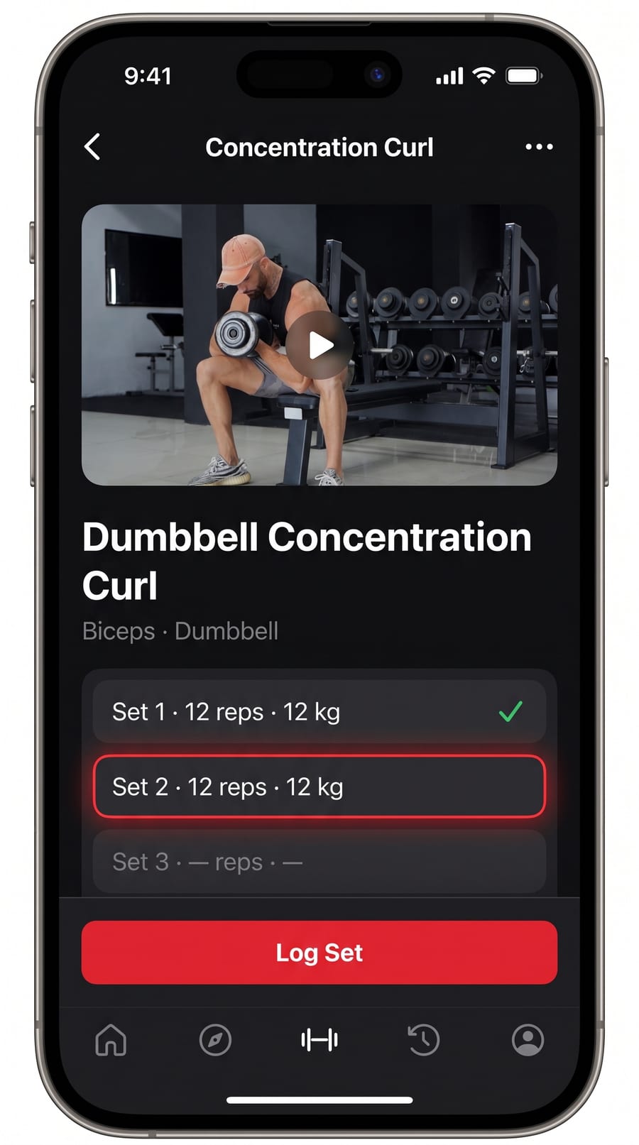 Mockup of a fitness app screen showing a Dumbbell Concentration Curl video demonstration with set-tracking UI, illustrating how the videos embed into a customer's own branded app.